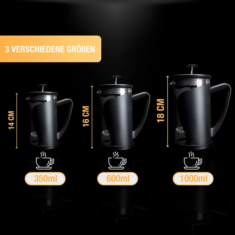 Thiru French Press - Kaffeebereiter mit 4D Filtersystem, Edelstahl & Glas