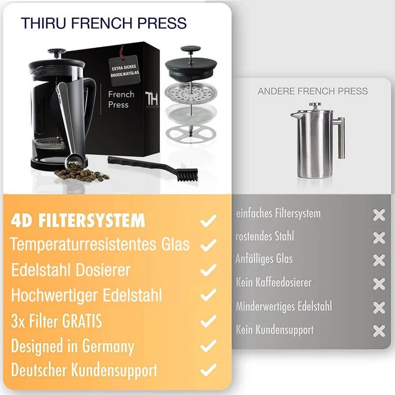 Thiru French Press - Kaffeebereiter mit 4D Filtersystem, Edelstahl & Glas