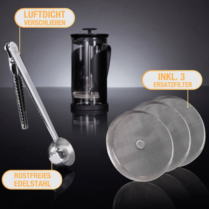 Thiru French Press - Kaffeebereiter mit 4D Filtersystem, Edelstahl & Glas