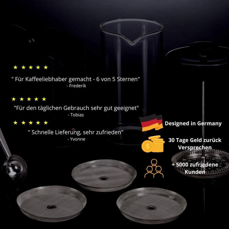 Thiru French Press - Kaffeebereiter mit 4D Filtersystem, Edelstahl & Glas