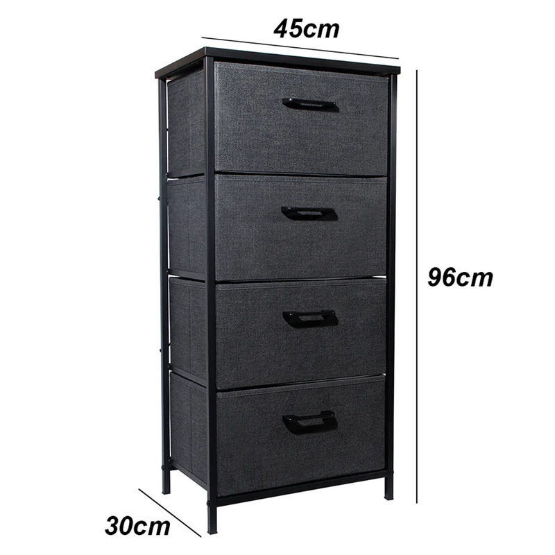 Schubladenschrank (45cm x 96cm x 30cm),Stoffkommode mit 4 Schubladen grau,Stoffkommode mit fächern,Aufbewahrungskommode mit Metallrahmen,Vintage Holzplatte,für Schlafzimmer,Flur