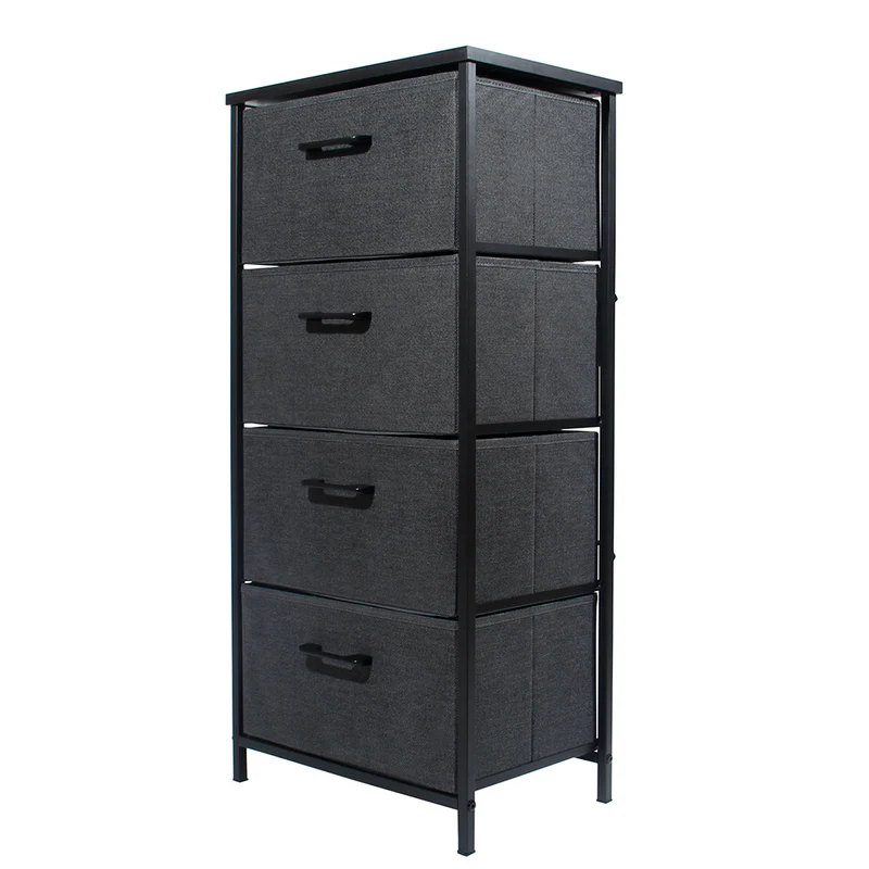 Schubladenschrank (45cm x 96cm x 30cm),Stoffkommode mit 4 Schubladen grau,Stoffkommode mit fächern,Aufbewahrungskommode mit Metallrahmen,Vintage Holzplatte,für Schlafzimmer,Flur