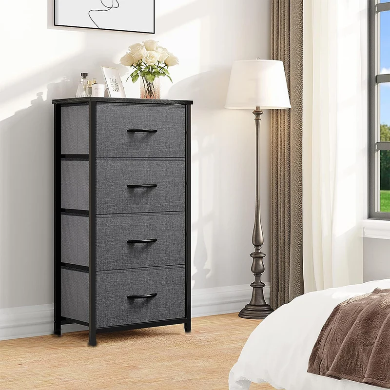 Schubladenschrank (45cm x 96cm x 30cm),Stoffkommode mit 4 Schubladen grau,Stoffkommode mit fächern,Aufbewahrungskommode mit Metallrahmen,Vintage Holzplatte,für Schlafzimmer,Flur