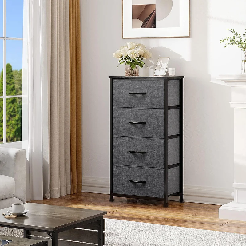 Schubladenschrank (45cm x 96cm x 30cm),Stoffkommode mit 4 Schubladen grau,Stoffkommode mit fächern,Aufbewahrungskommode mit Metallrahmen,Vintage Holzplatte,für Schlafzimmer,Flur