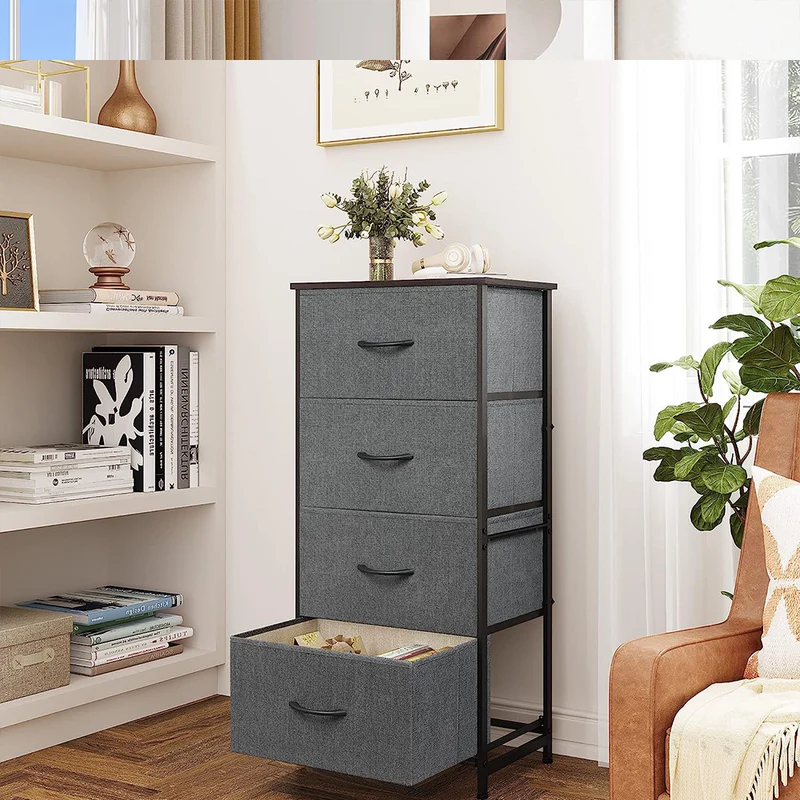 Schubladenschrank (45cm x 96cm x 30cm),Stoffkommode mit 4 Schubladen grau,Stoffkommode mit fächern,Aufbewahrungskommode mit Metallrahmen,Vintage Holzplatte,für Schlafzimmer,Flur