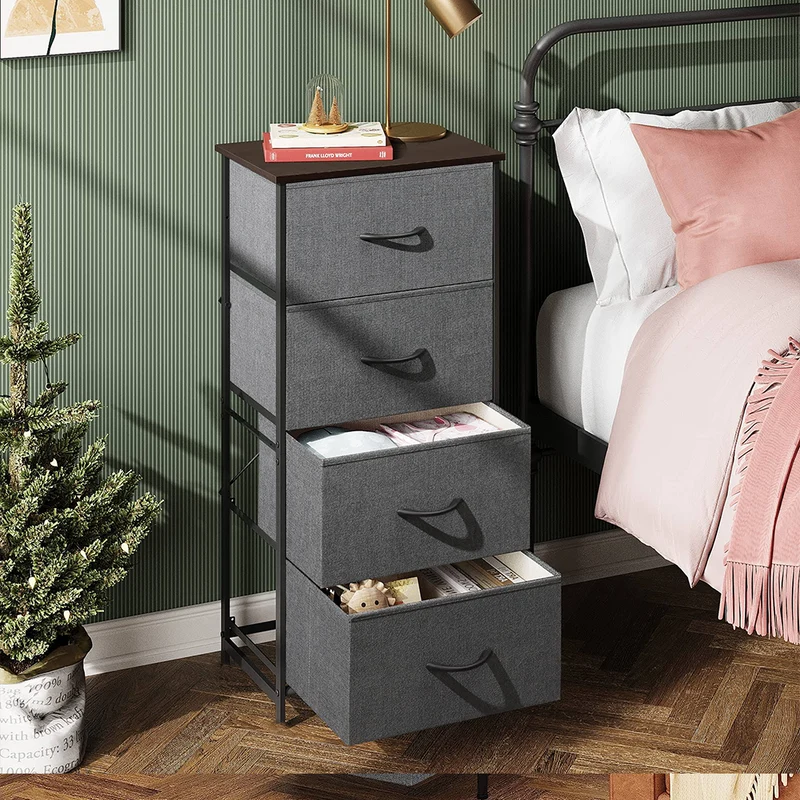 Schubladenschrank (45cm x 96cm x 30cm),Stoffkommode mit 4 Schubladen grau,Stoffkommode mit fächern,Aufbewahrungskommode mit Metallrahmen,Vintage Holzplatte,für Schlafzimmer,Flur