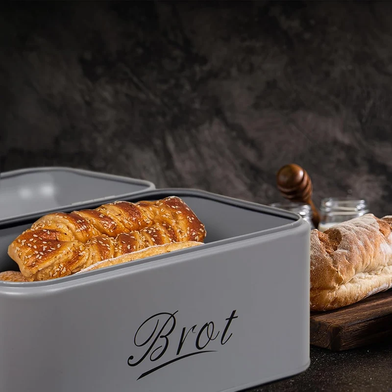 Brotbox mit Deckel, Großer Knäckebrot Box aus Metall, Brot und Kekse Lange Aufbewahren und Trocken Halten, Retro Design 31cm*19cm*16cm (Grau)