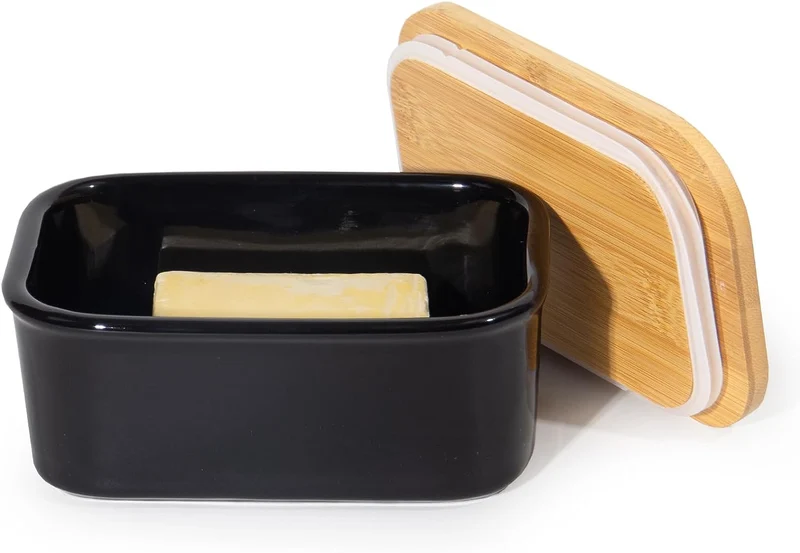 Butterdose Keramik mit Holzdeckel , 250g Butter Aufbewahrung , Butterbox Porzellan vintage (Schwarz)