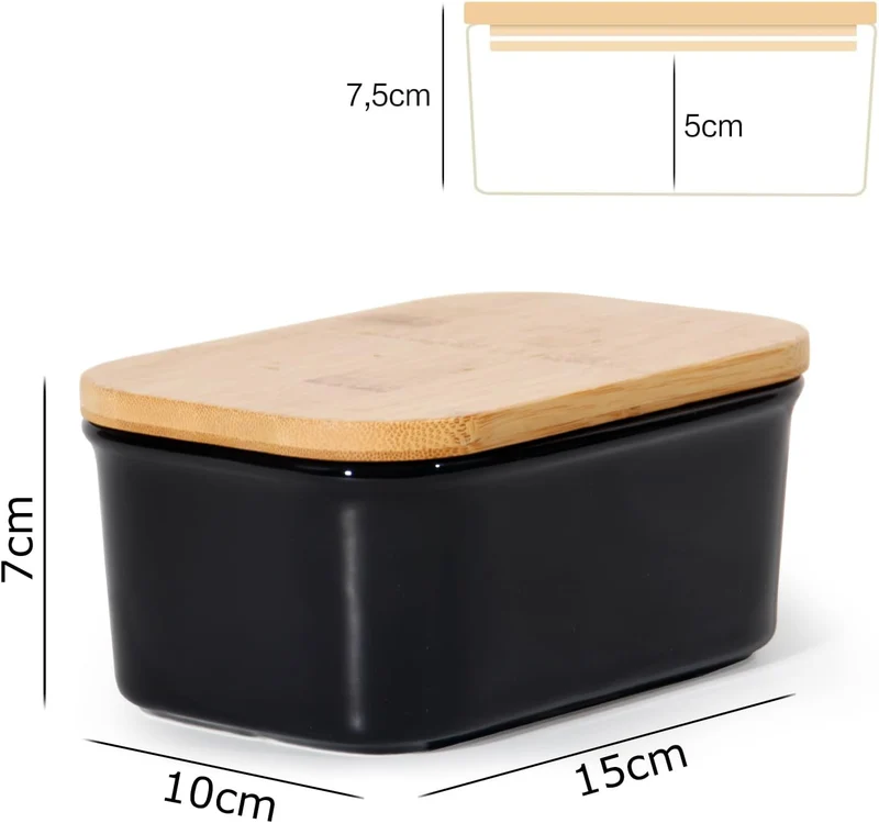 Butterdose Keramik mit Holzdeckel , 250g Butter Aufbewahrung , Butterbox Porzellan vintage (Schwarz)
