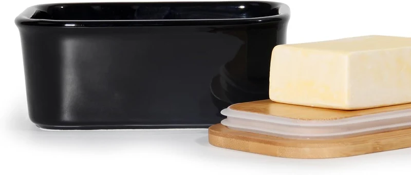 Butterdose Keramik mit Holzdeckel , 250g Butter Aufbewahrung , Butterbox Porzellan vintage (Schwarz)