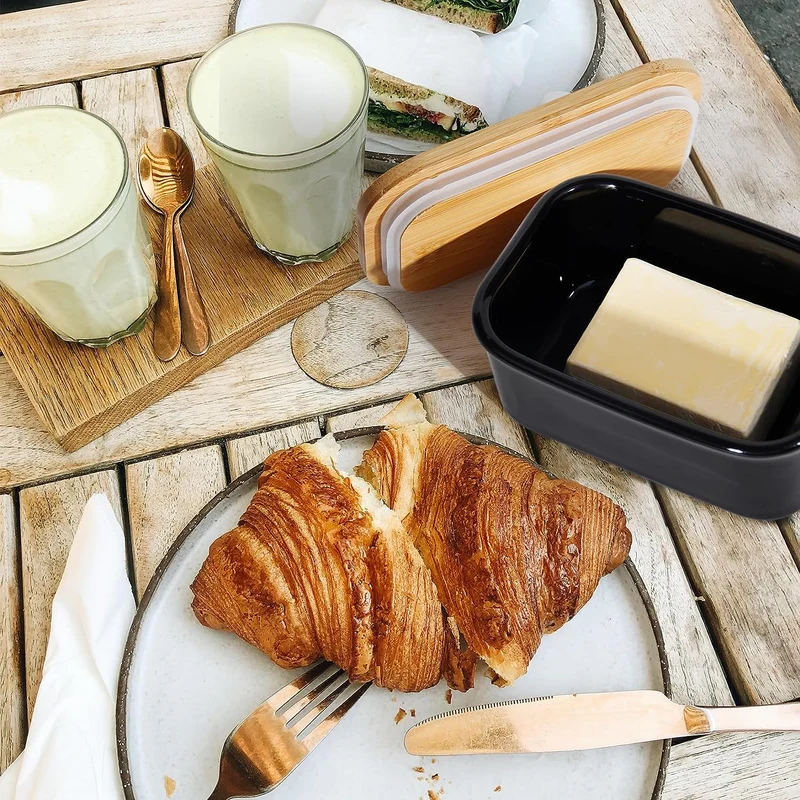 Butterdose Keramik mit Holzdeckel , 250g Butter Aufbewahrung , Butterbox Porzellan vintage (Schwarz)