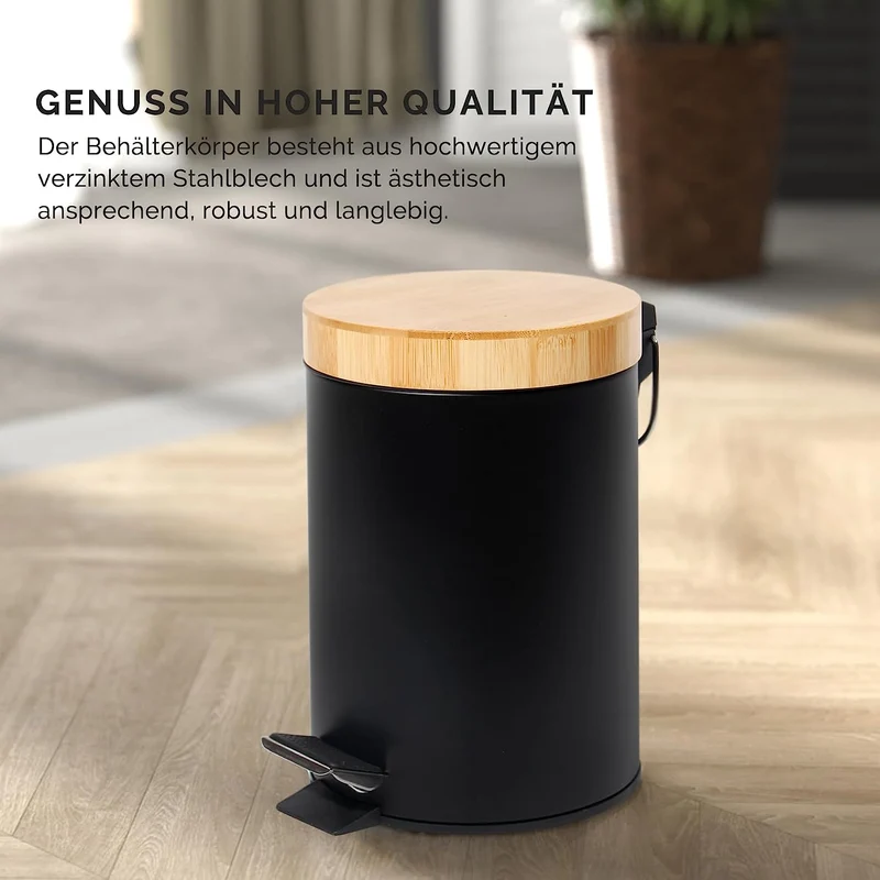 Mülleimer Bad mit Holzdeckel, Kosmetikeimer mit Absenkautomatik (Soft Close), Badezimmer eimer, Abfalleimer Bad ( 3L)