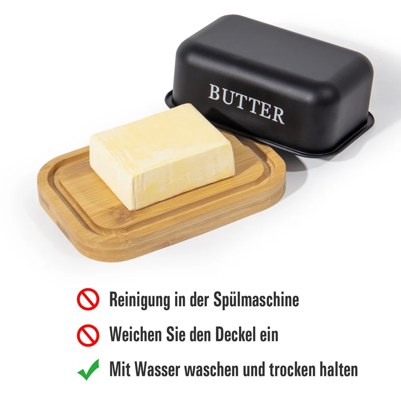 Butterdose,Butterglocke für 250g Butter,Butterdose aus beschichteter Metallplatte oder Boraxglas mit edlem nachhaltigem Naturholzdeckel( Schwarz)