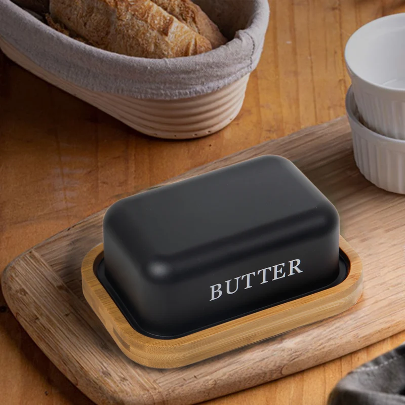 Butterdose,Butterglocke für 250g Butter,Butterdose aus beschichteter Metallplatte oder Boraxglas mit edlem nachhaltigem Naturholzdeckel( Schwarz)