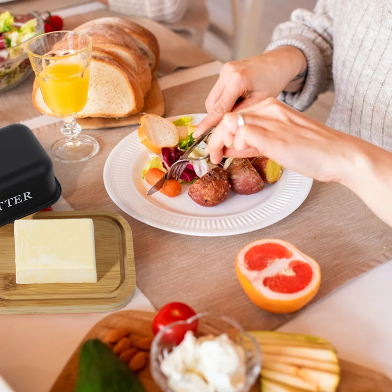Butterdose,Butterglocke für 250g Butter,Butterdose aus beschichteter Metallplatte oder Boraxglas mit edlem nachhaltigem Naturholzdeckel( Schwarz)