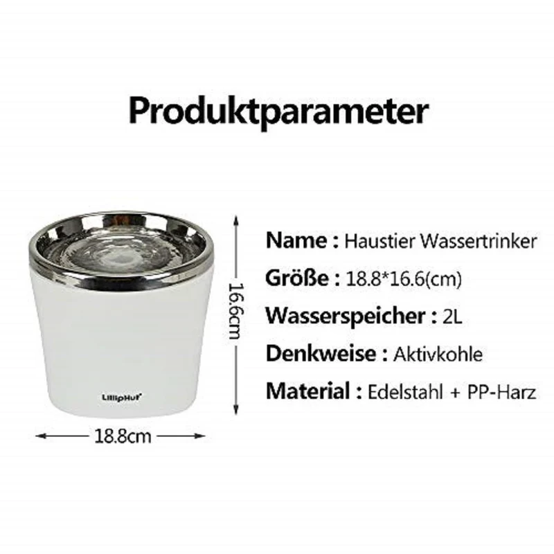 Katzen/Hunde Trinkbrunnen, Katzenbrunnen Wasserbrunnen mit Aktivkohlefilter 2L (Silber)