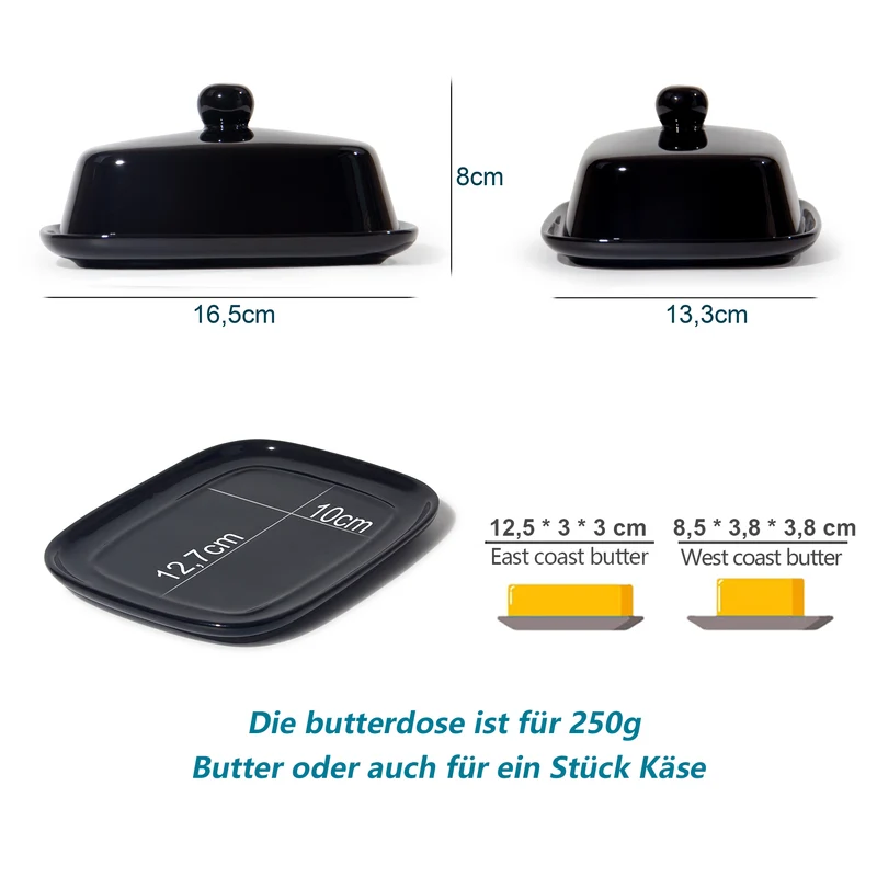 Butterdose - Hochwertige Butterglocke aus Keramik - Butter Dish für alle gängigen Butter (250g) - Butterschale Porzellan (Schwarz)