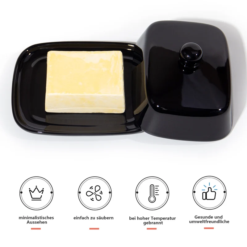 Butterdose - Hochwertige Butterglocke aus Keramik - Butter Dish für alle gängigen Butter (250g) - Butterschale Porzellan (Schwarz)