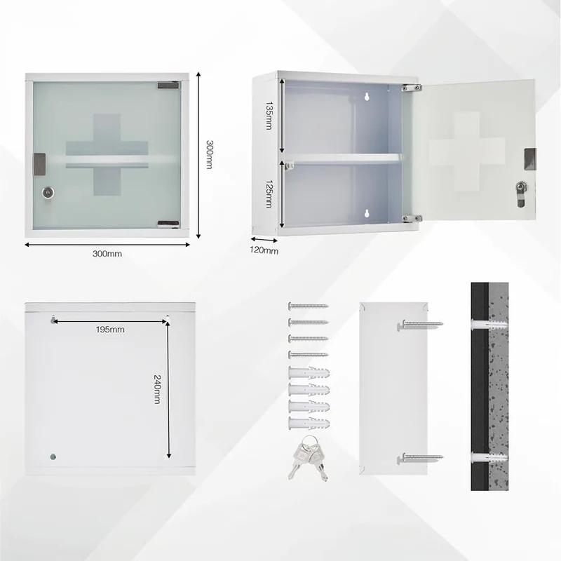 Medizinschrank mit Fachböden, Wand-Medizinbox aus Edelstahl 30 x 30 x 12 cm（2 Fächer）