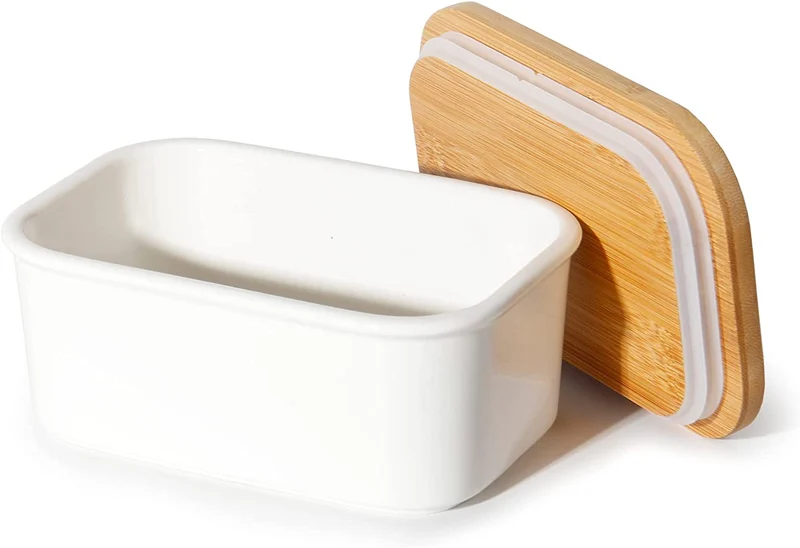 Butterdose Keramik mit Holzdeckel , 250g Butter Aufbewahrung , Butterbox Porzellan vintage (Weiß)