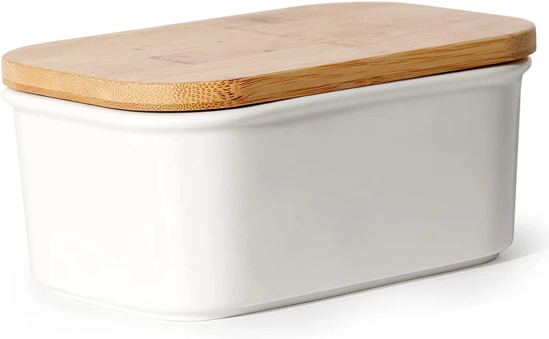 Butterdose Keramik mit Holzdeckel , 250g Butter Aufbewahrung , Butterbox Porzellan vintage (Weiß)