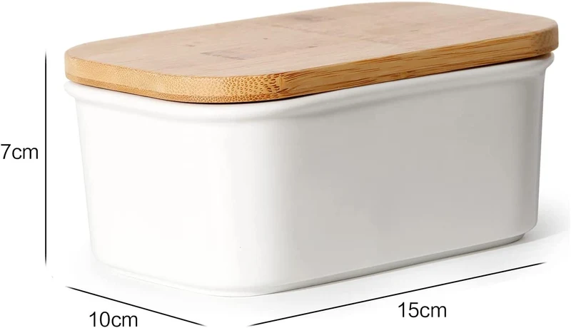 Butterdose Keramik mit Holzdeckel , 250g Butter Aufbewahrung , Butterbox Porzellan vintage (Weiß)