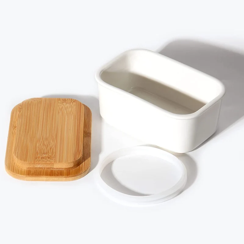 Butterdose Keramik mit Holzdeckel , 250g Butter Aufbewahrung , Butterbox Porzellan vintage (Weiß)