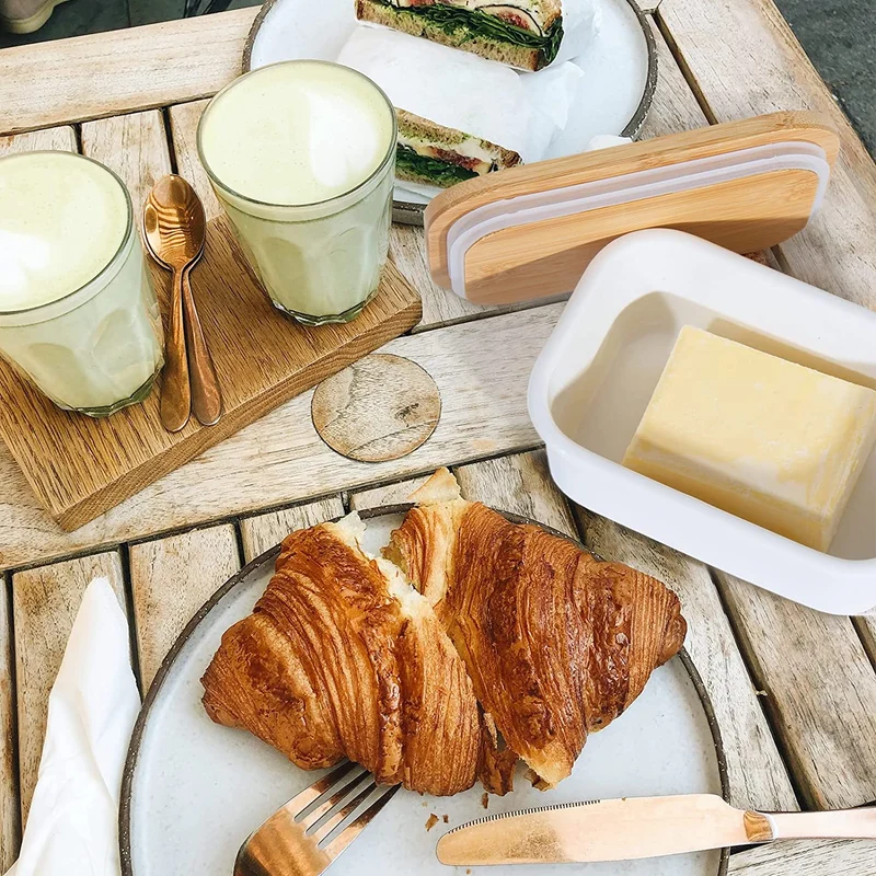 Butterdose Keramik mit Holzdeckel , 250g Butter Aufbewahrung , Butterbox Porzellan vintage (Weiß)