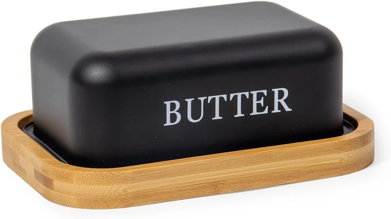 Butterdose,Butterglocke für 250g Butter,Butterdose aus beschichteter Metallplatte oder Boraxglas mit edlem nachhaltigem Naturholzdeckel