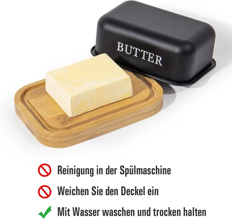 Butterdose,Butterglocke für 250g Butter,Butterdose aus beschichteter Metallplatte oder Boraxglas mit edlem nachhaltigem Naturholzdeckel