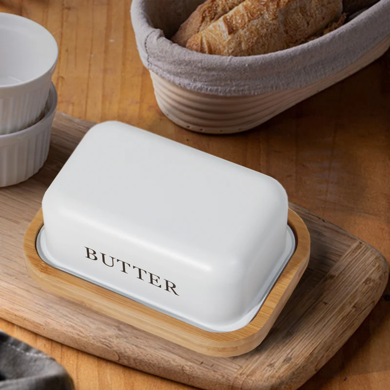 Butterdose,Butterglocke für 250g Butter,Butterdose aus beschichteter Metallplatte oder Boraxglas mit edlem nachhaltigem Naturholzdeckel