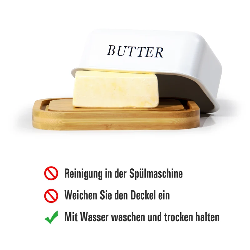 Butterdose,Butterglocke für 250g Butter,Butterdose aus beschichteter Metallplatte oder Boraxglas mit edlem nachhaltigem Naturholzdeckel
