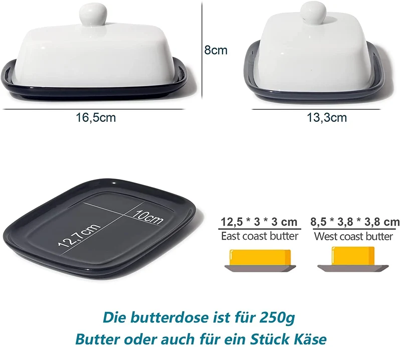 Butterdose - Hochwertige Butterglocke aus Keramik - Butter Dish für alle gängigen Butter (250g) - Butterschale Porzellan (Schwarz-Weiß)