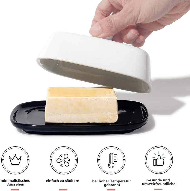 Butterdose - Hochwertige Butterglocke aus Keramik - Butter Dish für alle gängigen Butter (250g) - Butterschale Porzellan (Schwarz-Weiß)
