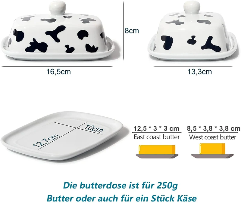 Butterdose - Hochwertige Butterglocke aus Keramik - Butter Dish für alle gängigen Butter (250g) - Butterschale Porzellan (Kühe)