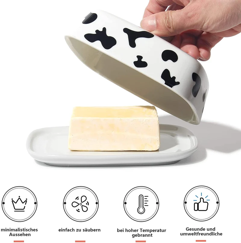 Butterdose - Hochwertige Butterglocke aus Keramik - Butter Dish für alle gängigen Butter (250g) - Butterschale Porzellan (Kühe)