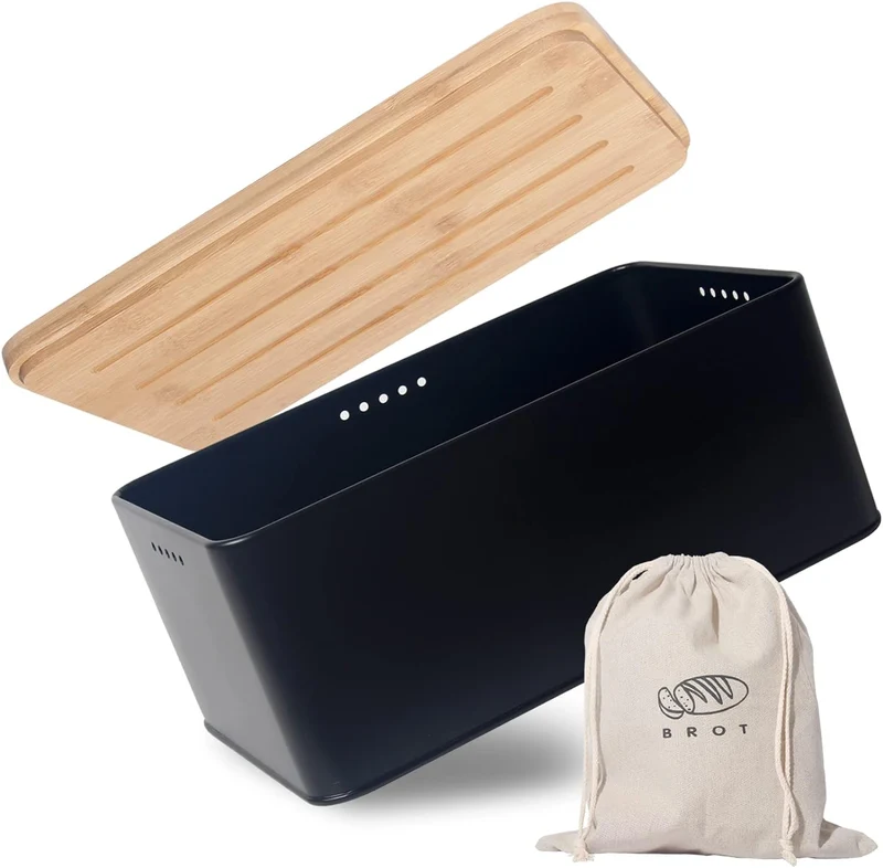 Brotkasten mit Schneidebrett, Matte Brotbox mit Holzdeckel und Leinen Brotbeutel, Rundum Belüftung, Brotkorb für langanhaltende Frische Grau