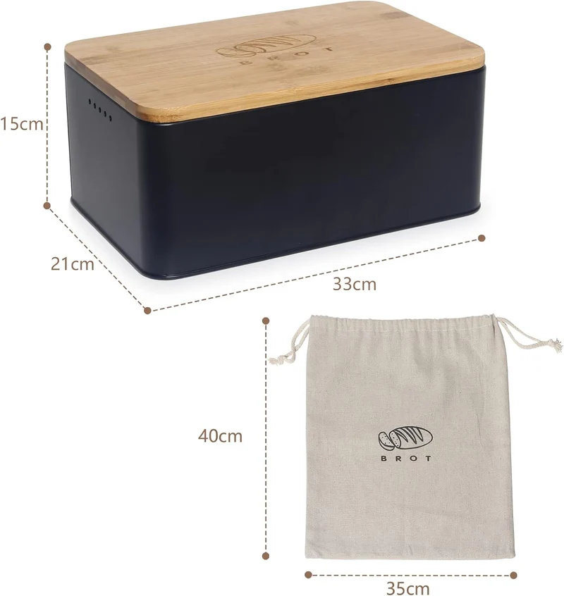 Brotkasten mit Schneidebrett, Matte Brotbox mit Holzdeckel und Leinen Brotbeutel, Rundum Belüftung, Brotkorb für langanhaltende Frische Grau