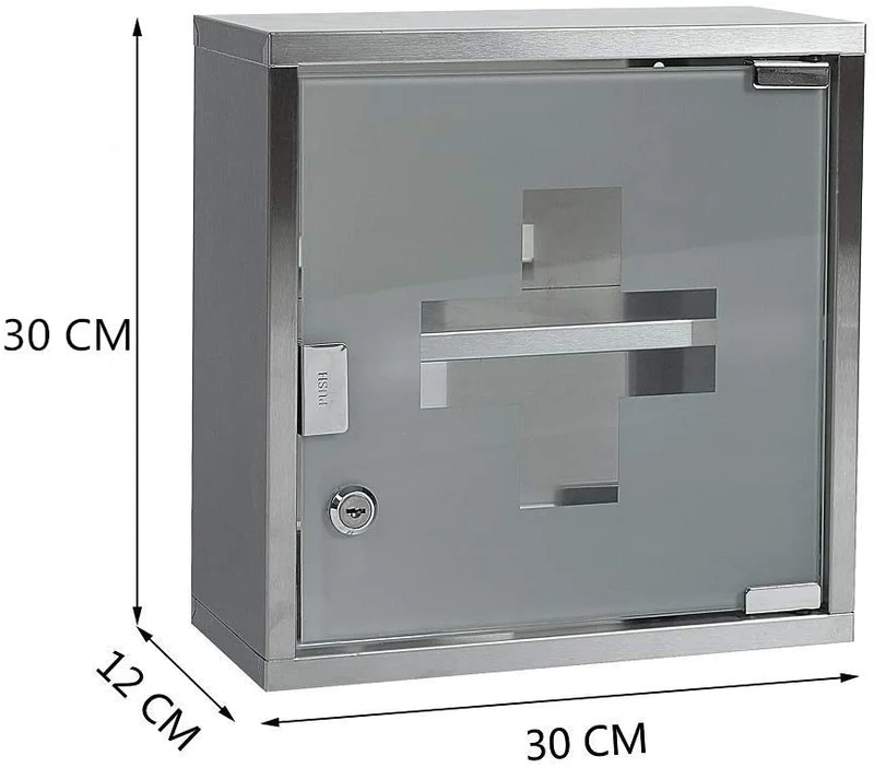Medizinschrank mit Fachböden, Wand-Medizinbox aus Edelstahl 30 x 30 x 12 cm（Silber - 2 Schichten）