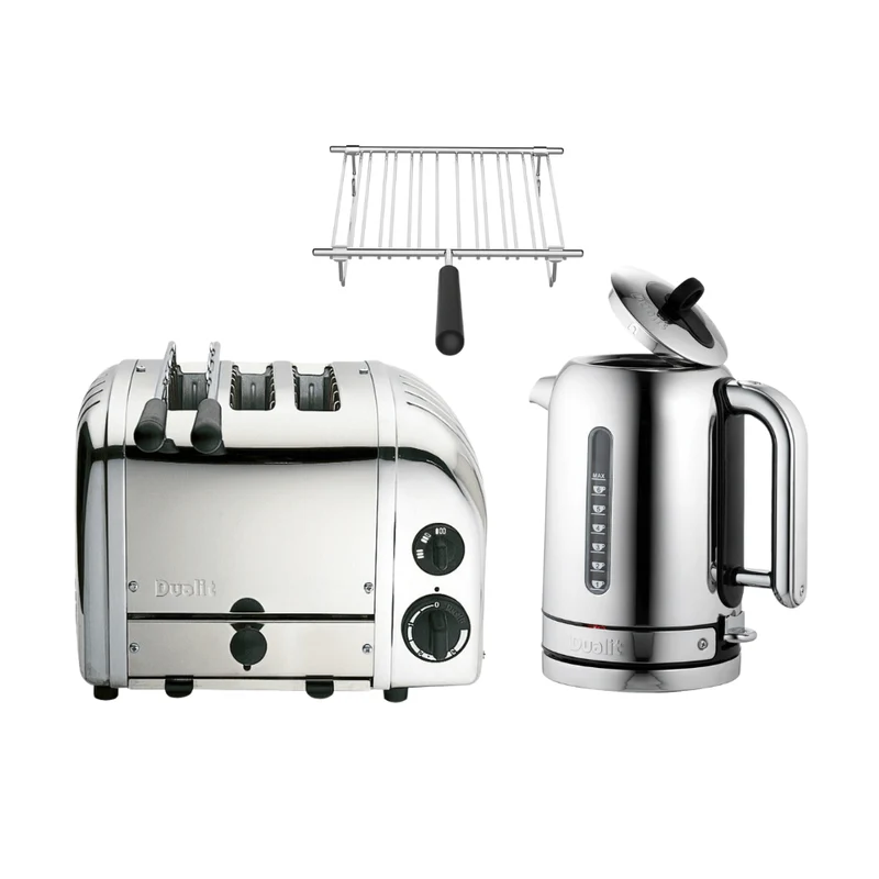 Dualit Frühstücksset inkl. 3er Toaster (inkl. Sandwichzange) + 1,7 L Wasserkocher und Brötchenaufsatz