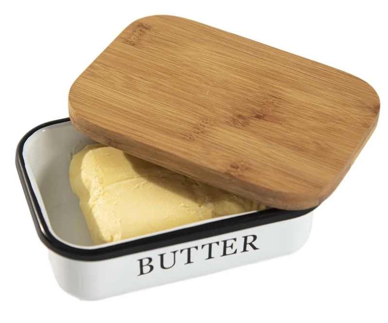 Butter Dish aus Edelstahl, Butterdose aus Edelstahl oder Boraxglas gefertigt mit edlem nachhaltigem natürlicher Deckel,Holzdeckel