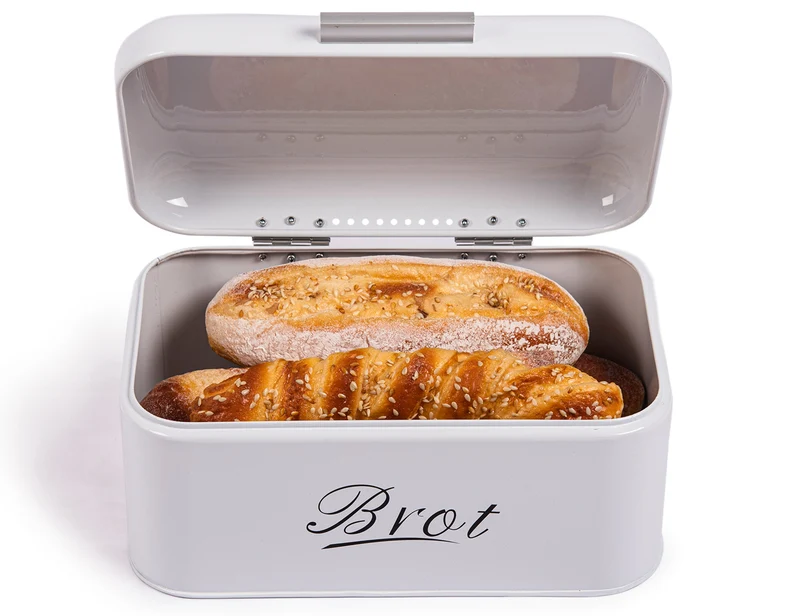 Brotbox mit Deckel, Großer Knäckebrot Box aus Metall, Brot und Kekse Lange Aufbewahren und Trocken Halten, Retro Design 31cm*19cm*16cm (Weiß)