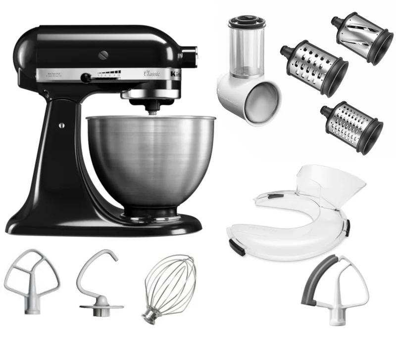 KitchenAid 4,3 L 5K45SS Classic Küchenmaschine Set 3 Gemüseschneider+Spritzschutz+Flexirührer