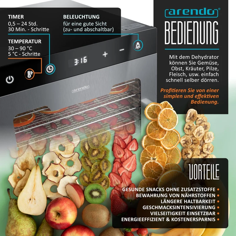 Arendo - Stainless steel dehydrator 8-fold - 500 watts with temperature control - dehydrator for food meat fruits fruit mushrooms - timer up to 24 hours - 8 compartments - GS - dehydrator