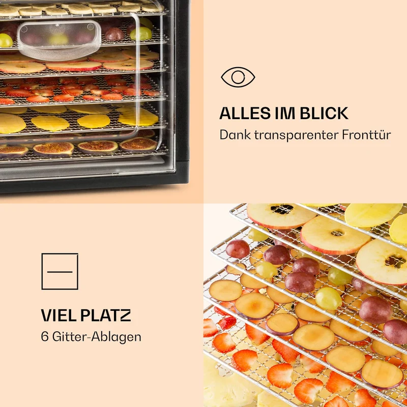 Klarstein Dörrautomat, Dörrgerät, Food Dehydrator, Dörrautomat aus Metall, Dehydrator Food Dryer, 9 Ablagen, 700 Watt, Touch-Display, Timer, Edelstahlheizelement, HotAir Circulation System, Schwarz