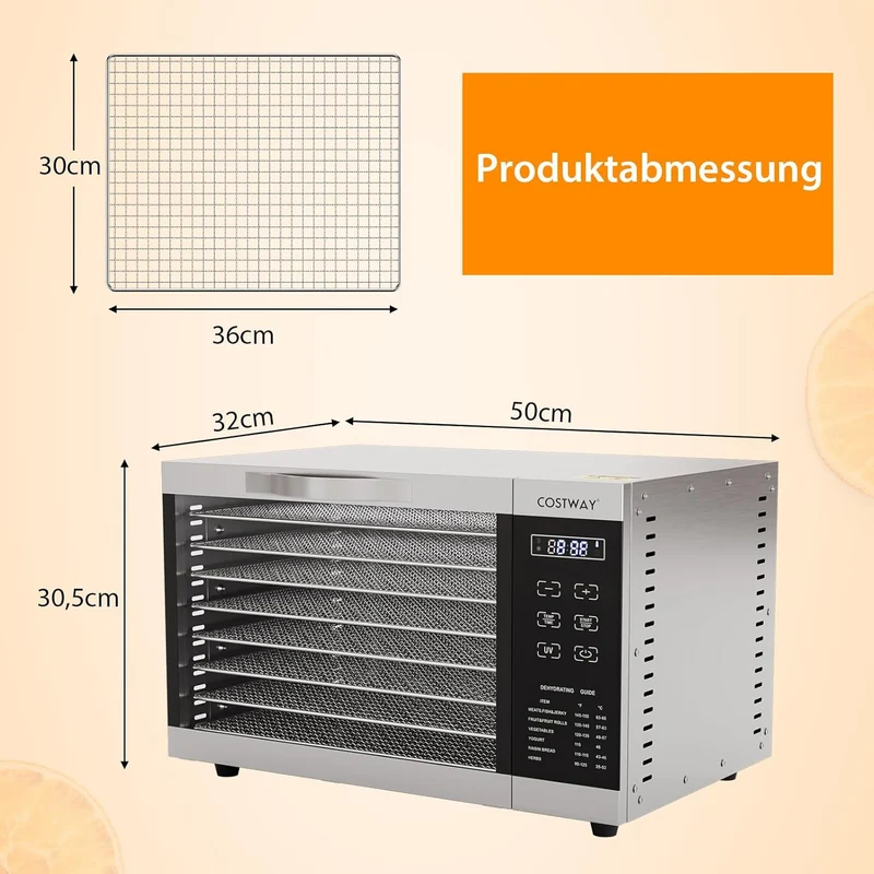 COSTWAY Dehydrator with 8 Grid Trays, 620W Dehydrator 30-70°C Temperature Control & 24H Timer, Overheating & Overload Protection, Food Dryer for Fruit, Meat, Vegetables