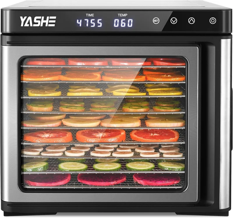 Edelstahl Dörrautomat, 1000W Dörrgerät für Obst und Gemüse mit LED-Anzeige, präziser Temperaturregelung (35-75°C), 48-Stunden-Timer, 9 Edelstahlschalen, 2 Maschensiebe, 1 Schale für Obstrollen