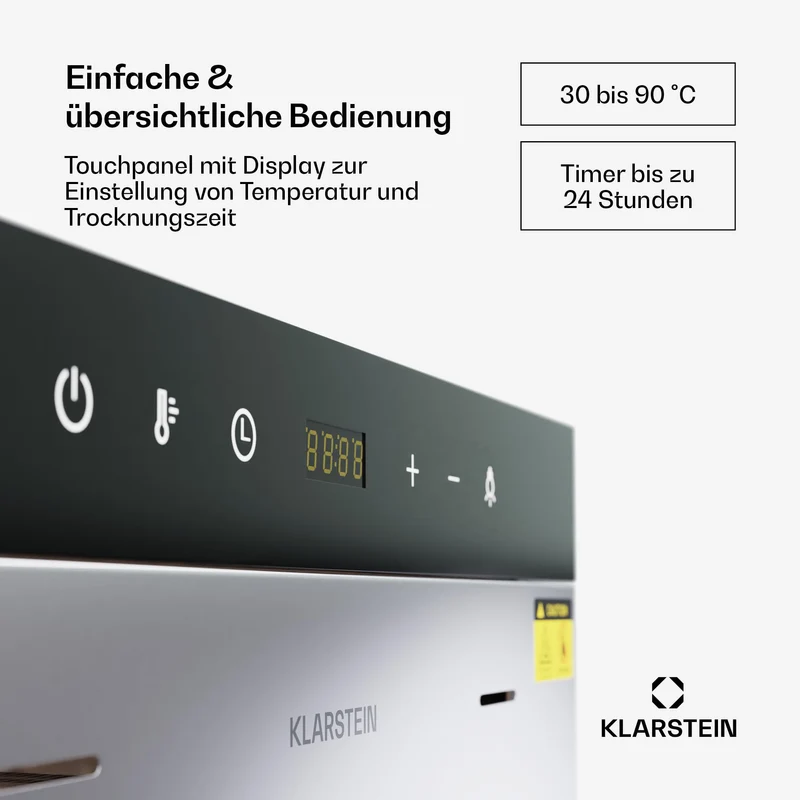 Klarstein Dörrautomat Edelstahl – 4.000-W-Dörrgerät, 48 Edelstahl-Einlegeböden, 30–90 °C, 24-Stunden-Timer, 6 Ventilatoren, 2 Trockenkammern, 50–55 dB, ideal für Obst, Gemüse, Fleisch, Kräuter, Silber