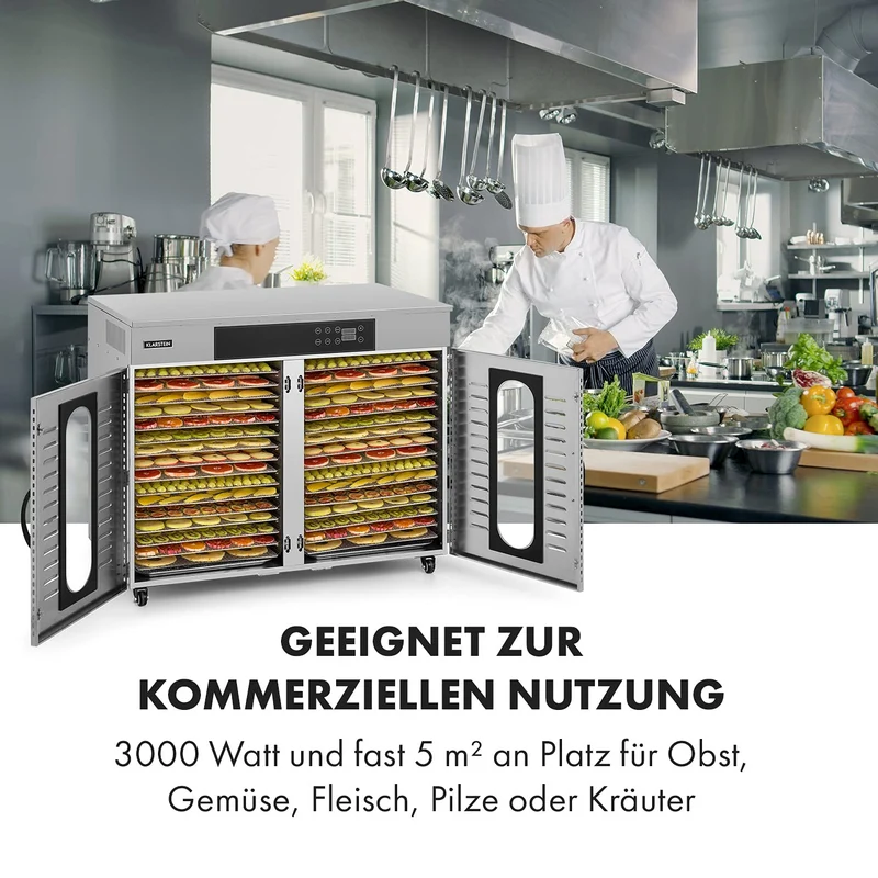 Klarstein Dörrautomat Edelstahl – 4.000-W-Dörrgerät, 48 Edelstahl-Einlegeböden, 30–90 °C, 24-Stunden-Timer, 6 Ventilatoren, 2 Trockenkammern, 50–55 dB, ideal für Obst, Gemüse, Fleisch, Kräuter, Silber