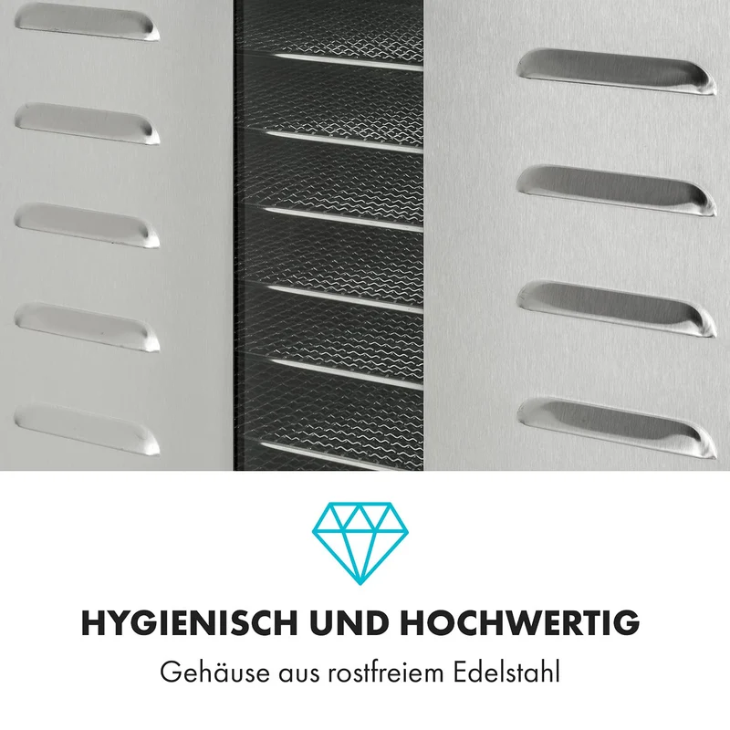 Klarstein Dörrautomat Edelstahl – 4.000-W-Dörrgerät, 48 Edelstahl-Einlegeböden, 30–90 °C, 24-Stunden-Timer, 6 Ventilatoren, 2 Trockenkammern, 50–55 dB, ideal für Obst, Gemüse, Fleisch, Kräuter, Silber